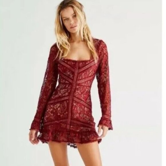 For Love & Lemons Emerie Maroon Lace Open Back Mini Dress - Picture 1 of 8